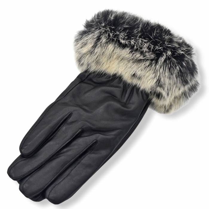 Δερμάτινα γυναικεία γάντια με φυσική γούνα Μαύρο  20-14