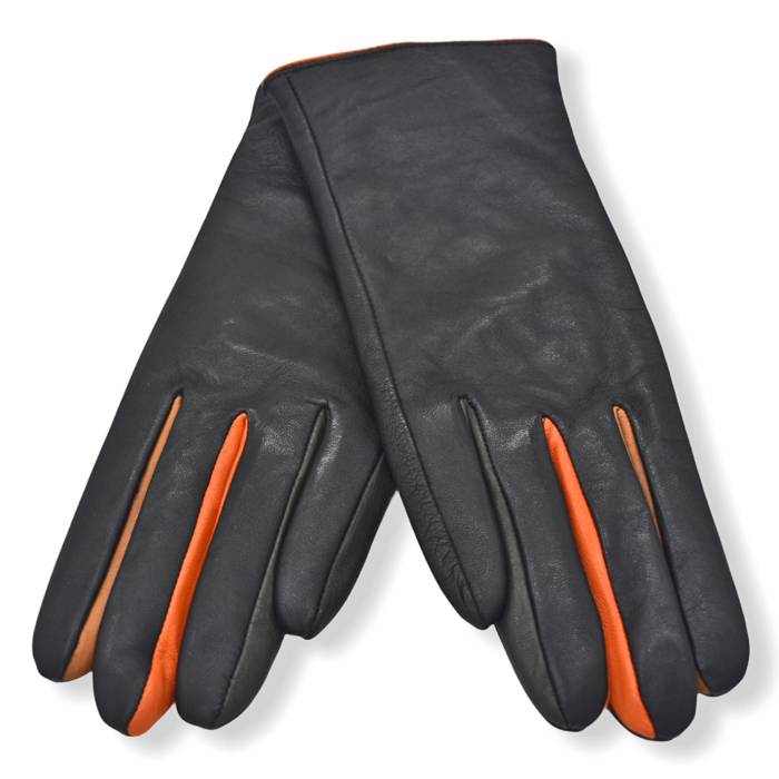 Δερμάτινα γυναικεία γάντια Μαύρο-Πορτοκαλί GR15