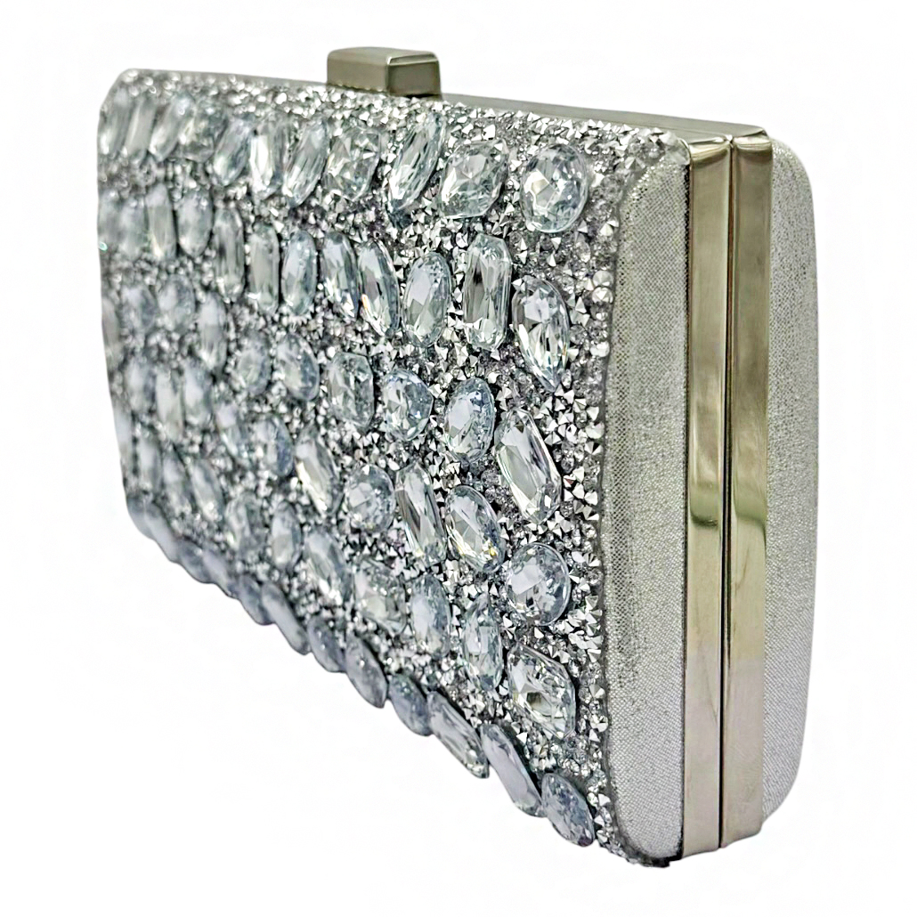 13-2609 Ασημί Βραδινό Clutch με Κρυστάλλινες Πέτρες Savil