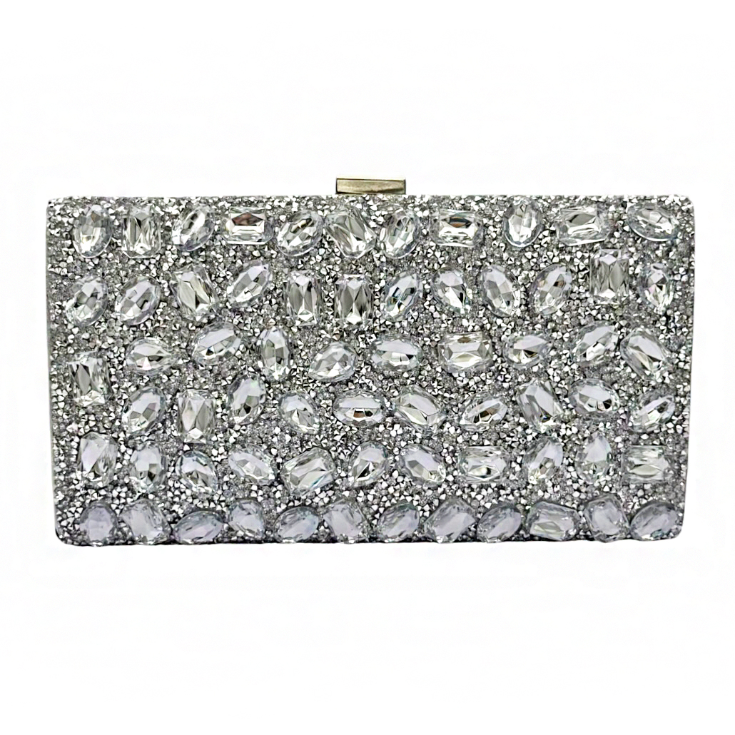 13-2609 Ασημί Βραδινό Clutch με Κρυστάλλινες Πέτρες Savil
