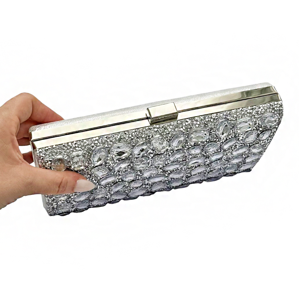 13-2609 Ασημί Βραδινό Clutch με Κρυστάλλινες Πέτρες Savil